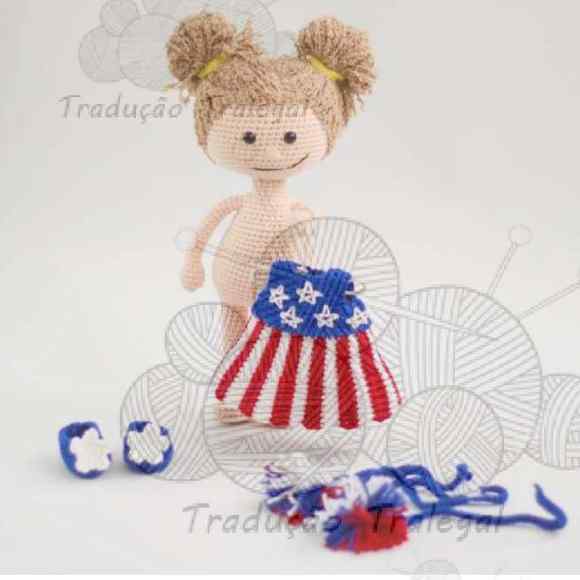 Receita de amigurumi em PDF - Jeniffer e a roupa da independencia americana