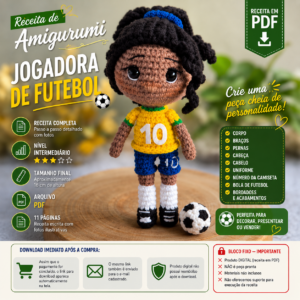 Receita de Amigurumi em PDF – Jogadora de Futebol