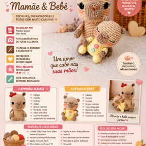 Receita de Amigurumi em PDF– Capivaras Mamãe & Bebê